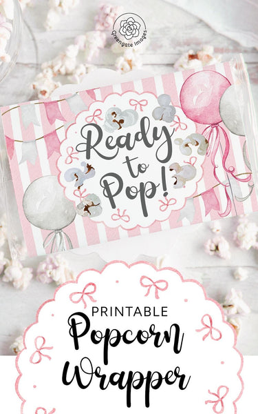Ready to Pop Popcorn Wrapper - PRINTABLE microwave popcorn wrapper. She's ready to pop shower favor. Striped it's a girl birth announcement.