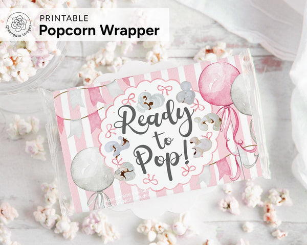 Ready to Pop Popcorn Wrapper - PRINTABLE microwave popcorn wrapper. She's ready to pop shower favor. Striped it's a girl birth announcement.