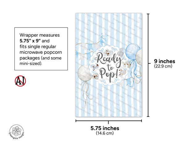 Ready to Pop Popcorn Wrapper - PRINTABLE microwave popcorn wrapper. She's ready to pop shower favor. Striped it's a boy birth announcement.