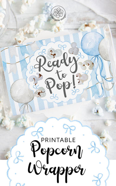 Ready to Pop Popcorn Wrapper - PRINTABLE microwave popcorn wrapper. She's ready to pop shower favor. Striped it's a boy birth announcement.