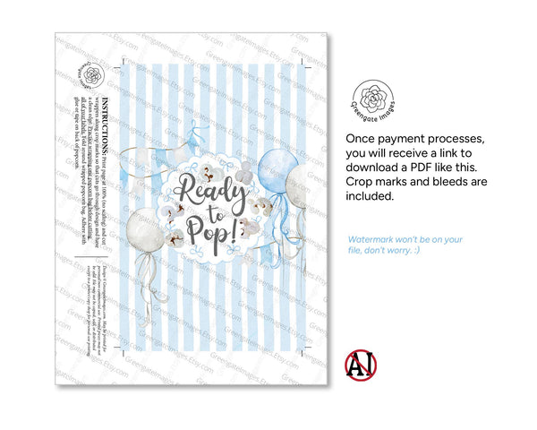 Ready to Pop Popcorn Wrapper - PRINTABLE microwave popcorn wrapper. She's ready to pop shower favor. Striped it's a boy birth announcement.