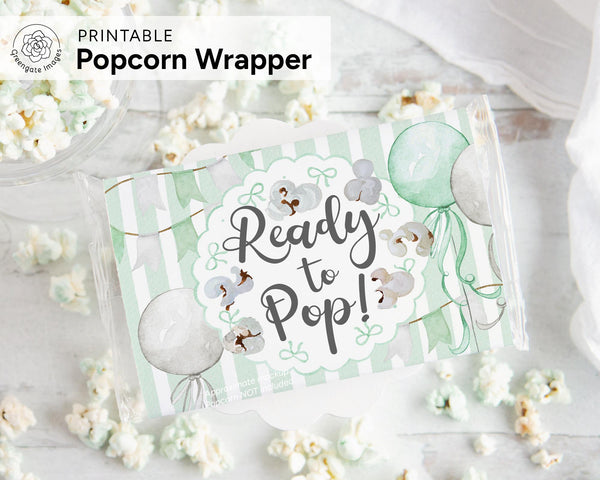 Ready to Pop Popcorn Wrapper - PRINTABLE microwave popcorn wrapper. She's ready to pop favor. Striped gender-neutral birth announcement.