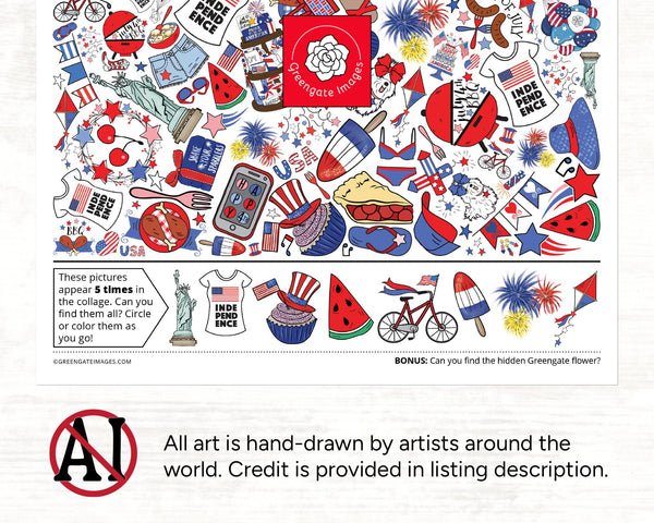 Fourth of July I Spy - Fun printable activity for kids & adults. Colorful hidden pictures page with 40 items to find (5 each of 8 images).