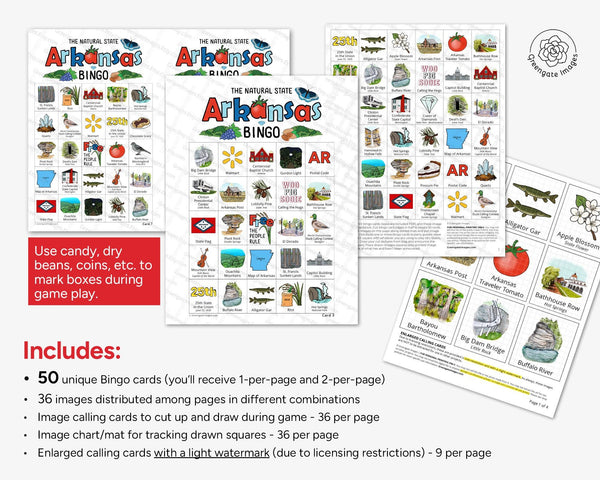Arkansas Bingo Cards - 50 PRINTABLE unique cards download instantly. Fun AR state activity for kids to seniors. Educational homeschool game.
