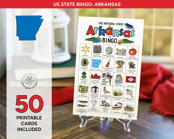 Arkansas Bingo Cards - 50 PRINTABLE unique cards download instantly. Fun AR state activity for kids to seniors. Educational homeschool game.