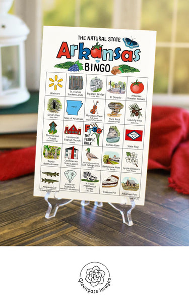 Arkansas Bingo Cards - 50 PRINTABLE unique cards download instantly. Fun AR state activity for kids to seniors. Educational homeschool game.