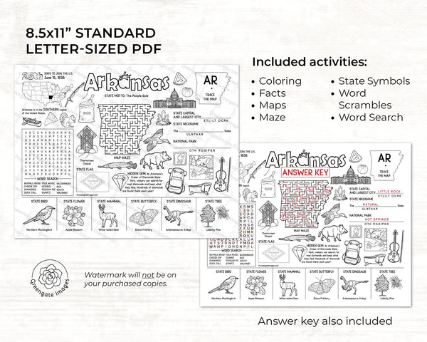 Arkansas Activity Page - AR state facts, word search, maze, unscramble 8.5x11" coloring placemat. Instant printable download PDF kids game.
