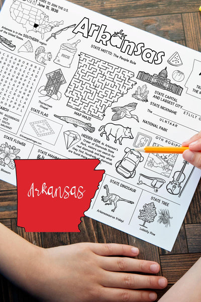 Arkansas Activity Page - AR state facts, word search, maze, unscramble 8.5x11" coloring placemat. Instant printable download PDF kids game.