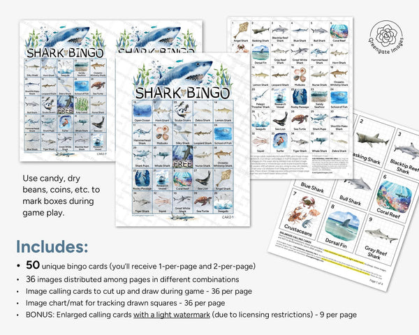 Shark Bingo - 50 PRINTABLE unique cards. Shark species, habitats, prey/food sources included. Hand-painted watercolor. Instant download PDF.