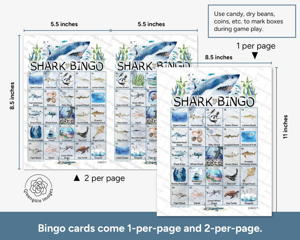 Shark Bingo - 50 PRINTABLE unique cards. Shark species, habitats, prey/food sources included. Hand-painted watercolor. Instant download PDF.