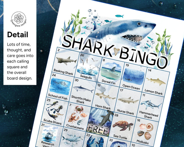 Shark Bingo - 50 PRINTABLE unique cards. Shark species, habitats, prey/food sources included. Hand-painted watercolor. Instant download PDF.