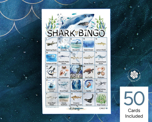 Shark Bingo - 50 PRINTABLE unique cards. Shark species, habitats, prey/food sources included. Hand-painted watercolor. Instant download PDF.
