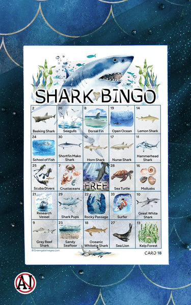 Shark Bingo - 50 PRINTABLE unique cards. Shark species, habitats, prey/food sources included. Hand-painted watercolor. Instant download PDF.
