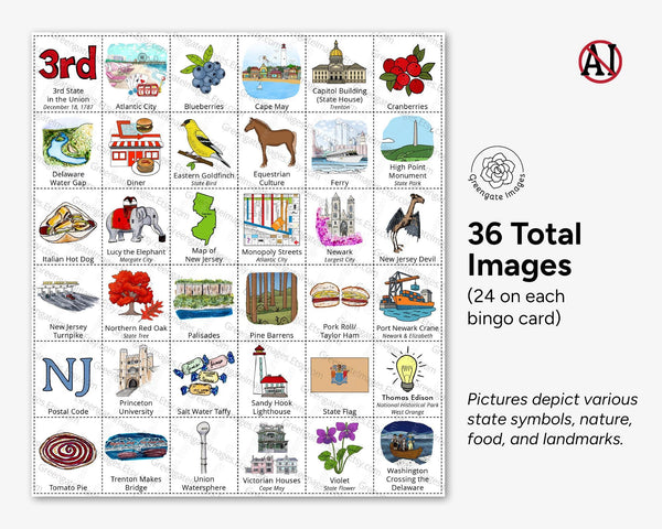 New Jersey Bingo - 50 PRINTABLE unique cards download instantly. Fun NJ state activity for kids to seniors. Educational homeschool game.
