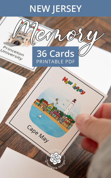 New Jersey Memory Game - PRINTABLE downloadable activity PDF. Matching game. 36 picture cards representing symbols & aspects of a US state.