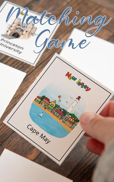 New Jersey Memory Game - PRINTABLE downloadable activity PDF. Matching game. 36 picture cards representing symbols & aspects of a US state.