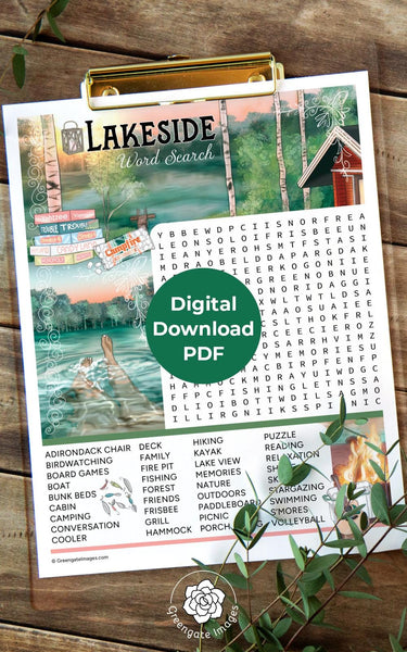 Lakeside Word Search - PRINTABLE downloadable activity. Lovely and nostalgic word find for kids and adults. Lots of words. Colorful artwork.