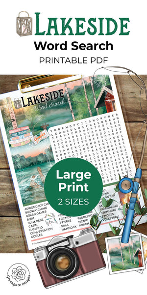 Lakeside Word Search - PRINTABLE downloadable activity. Lovely and nostalgic word find for kids and adults. Lots of words. Colorful artwork.
