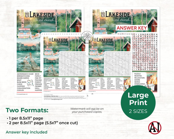 Lakeside Word Search - PRINTABLE downloadable activity. Lovely and nostalgic word find for kids and adults. Lots of words. Colorful artwork.