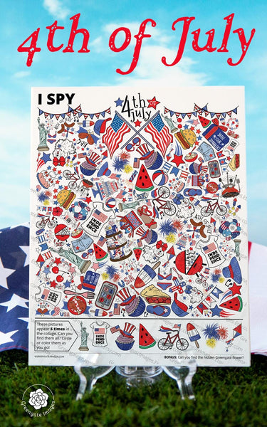 Fourth of July I Spy - Fun printable activity for kids & adults. Colorful hidden pictures page with 40 items to find (5 each of 8 images).