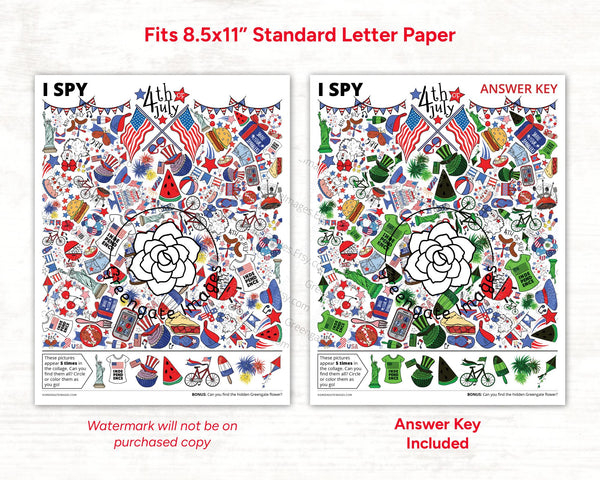 Fourth of July I Spy - Fun printable activity for kids & adults. Colorful hidden pictures page with 40 items to find (5 each of 8 images).