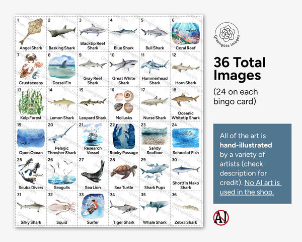 Shark Bingo - 50 PRINTABLE unique cards. Shark species, habitats, prey/food sources included. Hand-painted watercolor. Instant download PDF.
