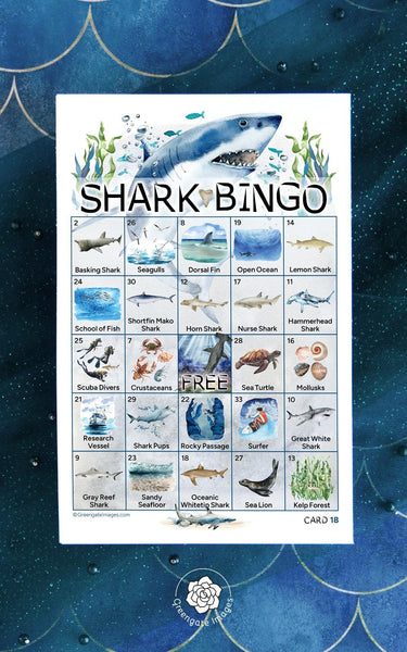 Shark Bingo - 50 PRINTABLE unique cards. Shark species, habitats, prey/food sources included. Hand-painted watercolor. Instant download PDF.
