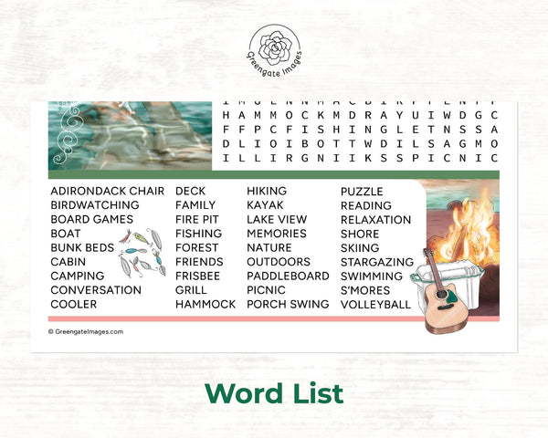 Lakeside Word Search - PRINTABLE downloadable activity. Lovely and nostalgic word find for kids and adults. Lots of words. Colorful artwork.