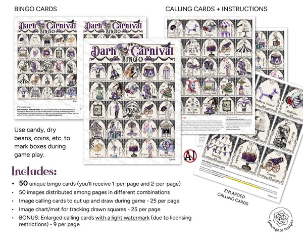 Dark Carnival Bingo - Printable Digital Download by Greengate Images