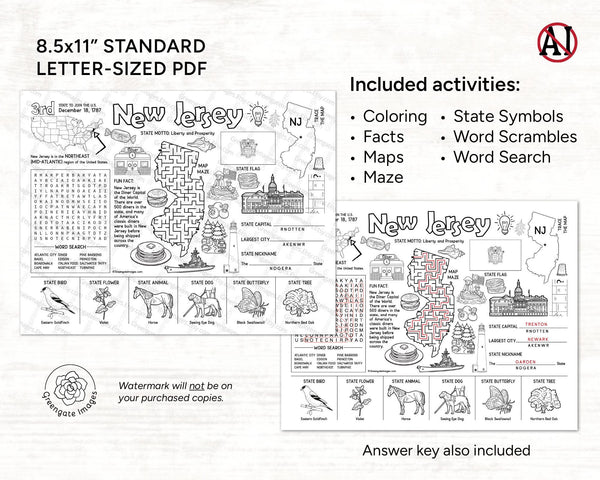 PRINTABLE New Jersey Activity Page - Instant download PDF kids game. NJ state facts, word search, maze, unscramble 8.5x11" coloring placemat