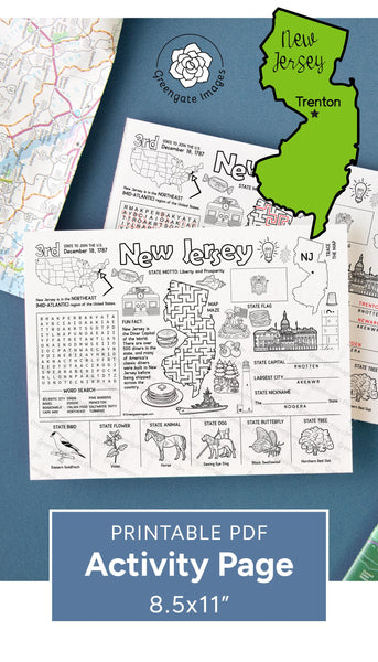 PRINTABLE New Jersey Activity Page - Instant download PDF kids game. NJ state facts, word search, maze, unscramble 8.5x11" coloring placemat