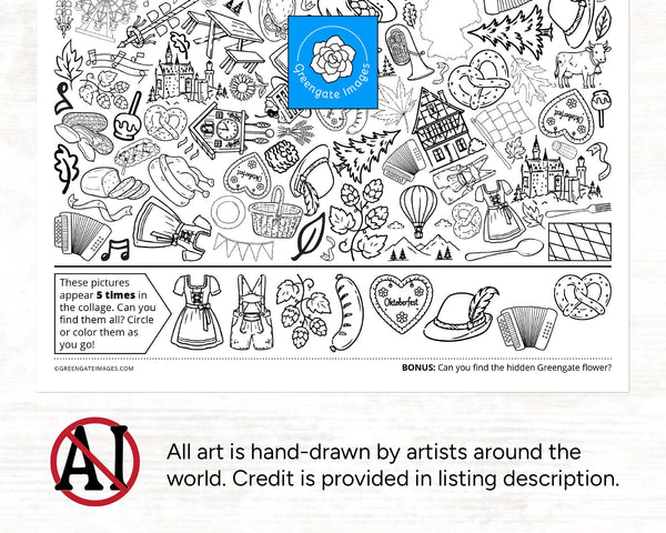 Oktoberfest I Spy - Printable activity for kids & adults. Whimsical black and white coloring page with 40 hidden German festival pictures.