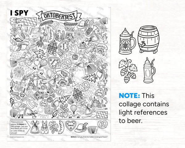 Oktoberfest I Spy - Printable activity for kids & adults. Whimsical black and white coloring page with 40 hidden German festival pictures.