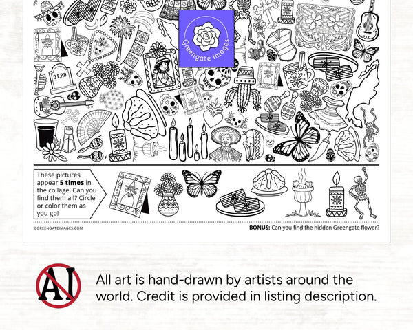 Dia de los Muertos I Spy - Printable activity for kids & adults. Whimsical black and white coloring page with 40 hidden Day of the Dead pics