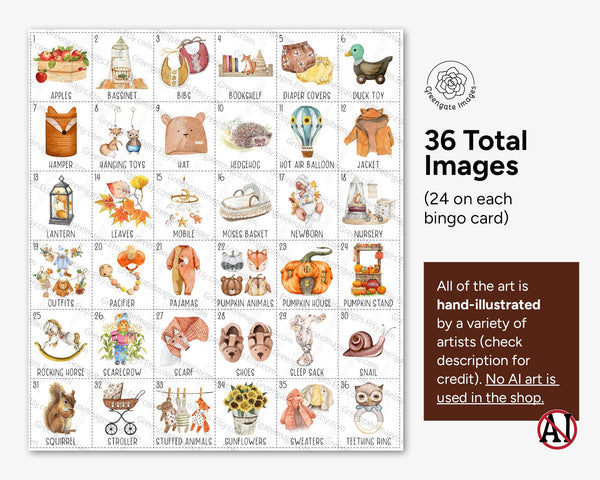 Fall Baby Shower Bingo - 50 unique cards. Prefilled, hand-illustrated activity for autumn-themed showers and sprinkles. Little Pumpkin game.