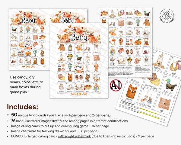 Fall Baby Shower Bingo - 50 unique cards. Prefilled, hand-illustrated activity for autumn-themed showers and sprinkles. Little Pumpkin game.