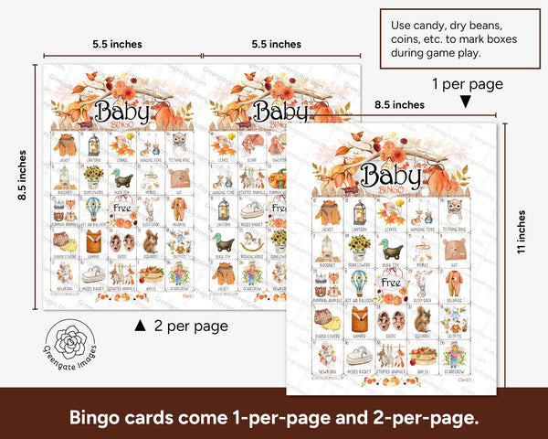 Fall Baby Shower Bingo - 50 unique cards. Prefilled, hand-illustrated activity for autumn-themed showers and sprinkles. Little Pumpkin game.