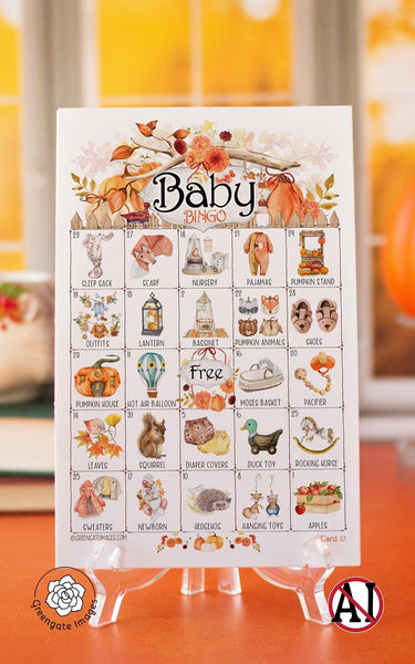 Fall Baby Shower Bingo - 50 unique cards. Prefilled, hand-illustrated activity for autumn-themed showers and sprinkles. Little Pumpkin game.