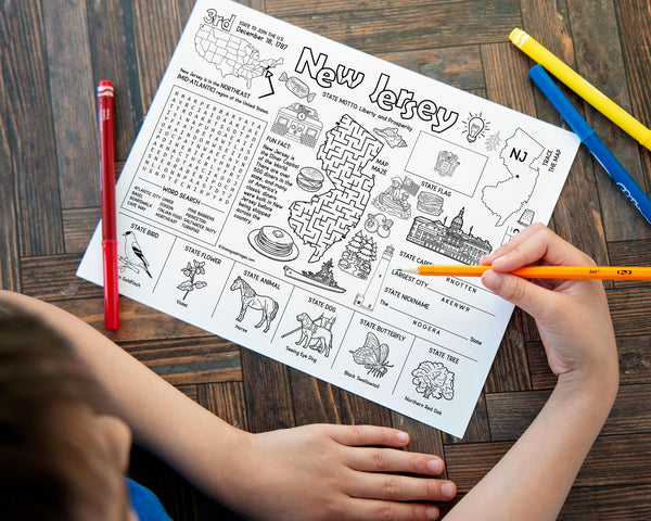 PRINTABLE New Jersey Activity Page - Instant download PDF kids game. NJ state facts, word search, maze, unscramble 8.5x11" coloring placemat