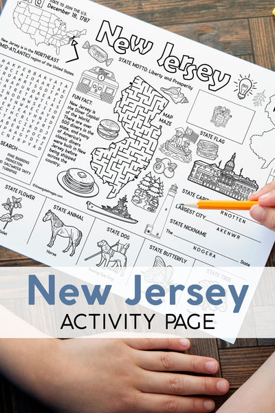 PRINTABLE New Jersey Activity Page - Instant download PDF kids game. NJ state facts, word search, maze, unscramble 8.5x11" coloring placemat