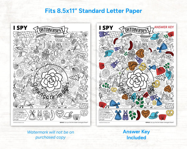 Oktoberfest I Spy - Printable activity for kids & adults. Whimsical black and white coloring page with 40 hidden German festival pictures.