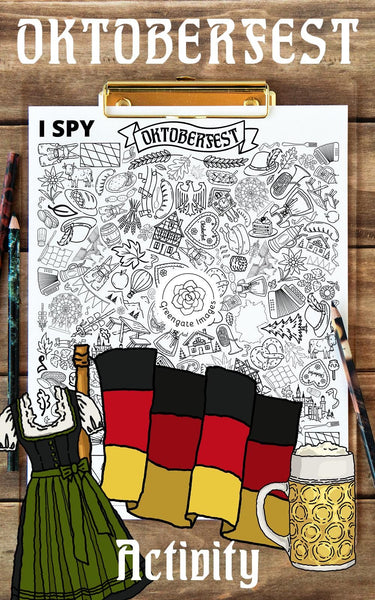 Oktoberfest I Spy - Printable activity for kids & adults. Whimsical black and white coloring page with 40 hidden German festival pictures.