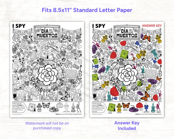 Dia de los Muertos I Spy - Printable activity for kids & adults. Whimsical black and white coloring page with 40 hidden Day of the Dead pics