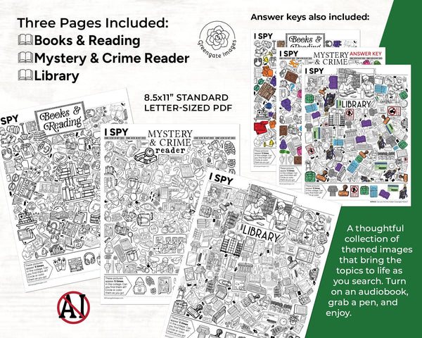 Reading I Spy Bundle: Library, Mystery & Crime Reader, Books & Reading - Printable Digital Download by Greengate Images