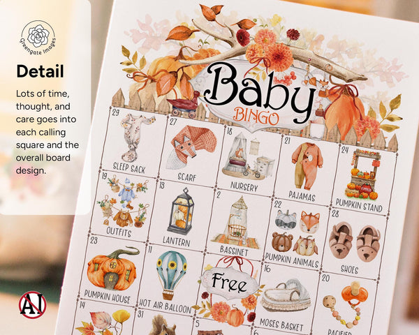 Fall Baby Shower Bingo - 50 unique cards. Prefilled, hand-illustrated activity for autumn-themed showers and sprinkles. Little Pumpkin game.