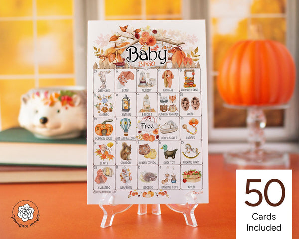 Fall Baby Shower Bingo - 50 unique cards. Prefilled, hand-illustrated activity for autumn-themed showers and sprinkles. Little Pumpkin game.