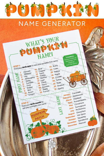 What's your Pumpkin name? – Funny/cute party idea for kids & adults. Small, medium, large printable sizes. Falloween bulletin board idea.