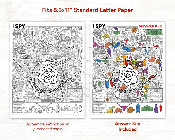 Texas I Spy - Printable United States activity for kids & adults. Black and white coloring page w 40 hidden pictures (5 each of 8 images).