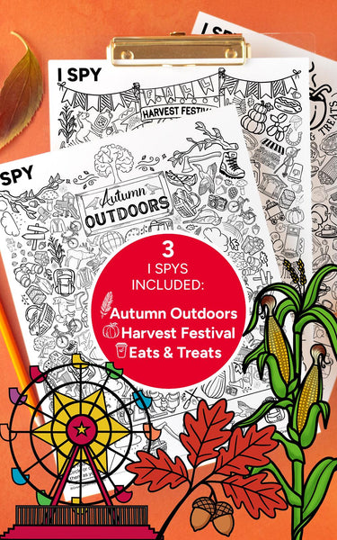 Fall I Spy Bundle II - Three 8.5x11" pages: Autumn Outdoors, Harvest Festival, and Eats & Treats. PRINTABLE w Answer Key. Instant download.