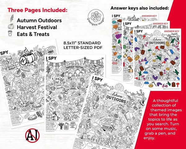 Fall I Spy Bundle II - Three 8.5x11" pages: Autumn Outdoors, Harvest Festival, and Eats & Treats. PRINTABLE w Answer Key. Instant download.